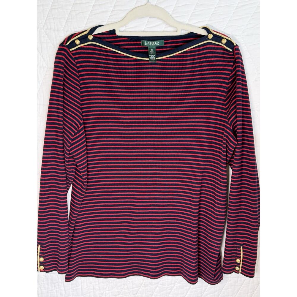 Lauren Ralph Lauren Women’s Striped Blouse Long Sleeve Gold Button 2X Blue red